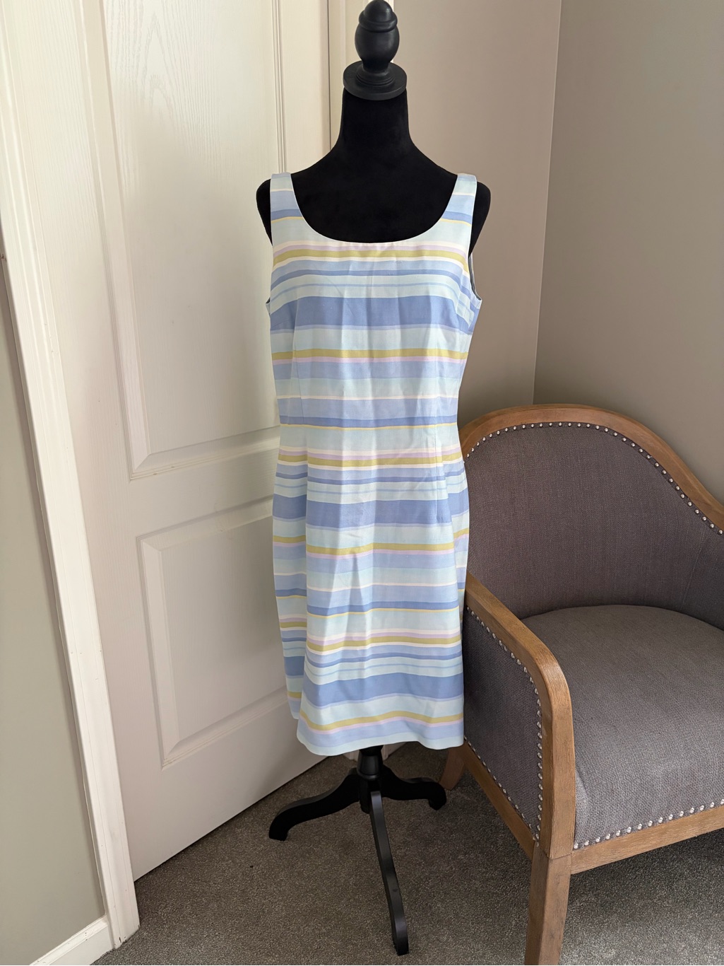 Ann Taylor Pastel Blue, White & Yellow Striped Midi Dress
